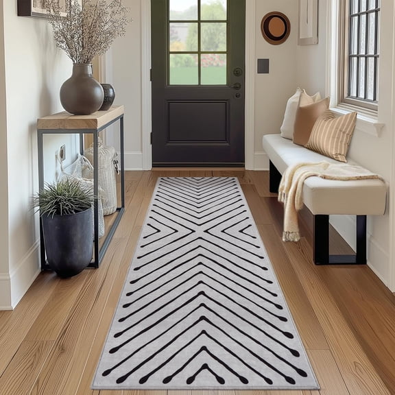 CAROMIO 2' x 6' Area Rug for Hallway Kitchen Neutral Accent Rug Non Slip Indoor Striped Geometrical Bedside Rug, Black/Gray