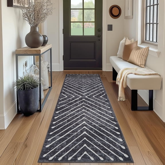CAROMIO 2' x 6' Area Rug for Hallway Kitchen Neutral Accent Rug Non Slip Indoor Striped Geometrical Bedside Rug, Dark Gray