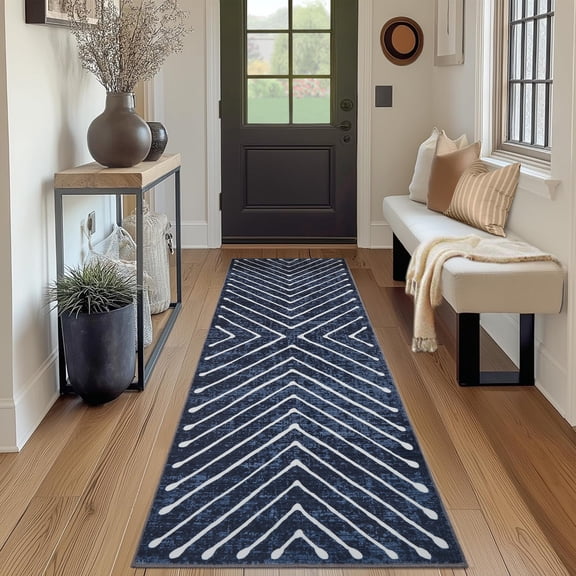 CAROMIO 2' x 6' Area Rug for Hallway Kitchen Neutral Accent Rug Non Slip Indoor Striped Geometrical Bedside Rug, Navy