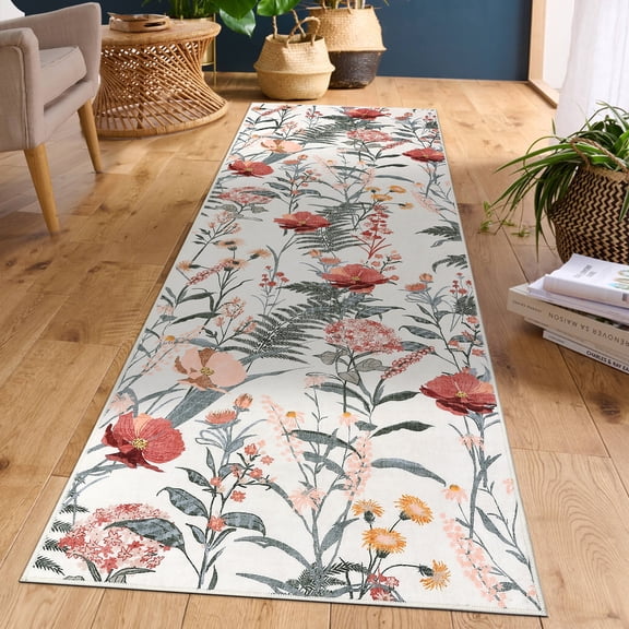 CAROMIO 2' x 6' Beige Area Rug for Living Room Leaf Floral Pattern Non-slip Indoor Carpet