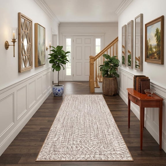CAROMIO 2′ x 6′ Beige Gray Washable Neutral Solid Braided‑Look Printed Runner Rug for Kitchen Indoor Throw Carpet Modern Non-Slip Foldable Floor Cover