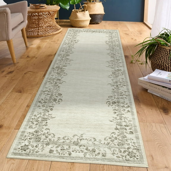 CAROMIO 2' x 6' Beige Runner for Enterway Kitchen Geometric Border Floral Pattern Non-slip Indoor Mat