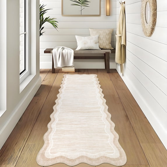 CAROMIO 2' x 6' Cream Scalloped Washable Neutral Runner Rug for Hallway Modern Solid Border Accent Indoor Carpet Non-Slip Home Decor