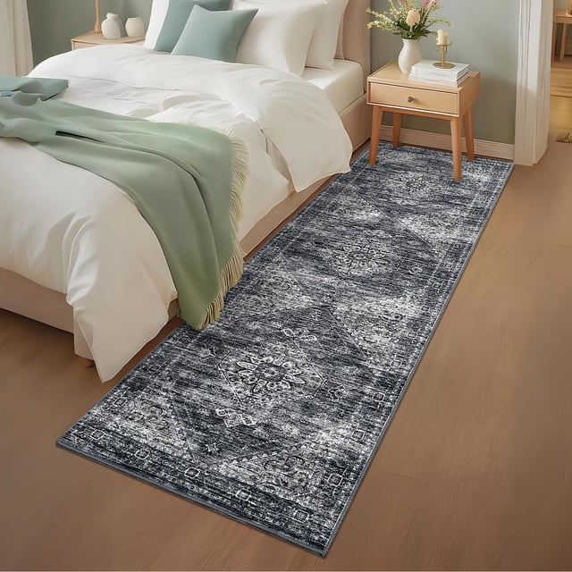 CAROMIO 2'x 6' Floral Vintage Runner for Hallways Ultra-Thin Soft Rug for Bathroom Laundry,Dark Gray