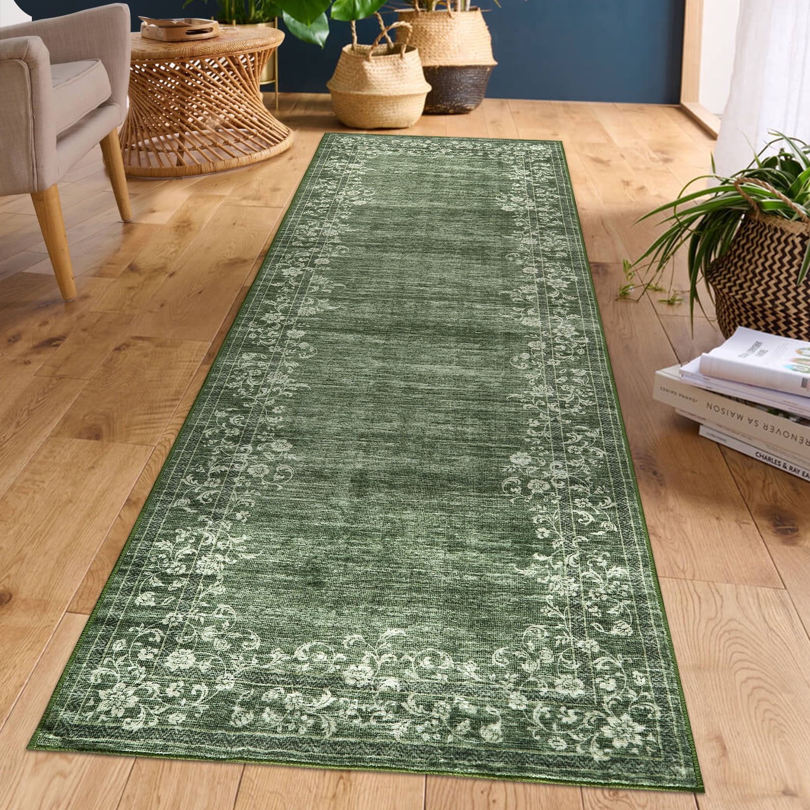 CAROMIO 2' x 6' Green Runner for Enterway Kitchen Geometric Border Floral Pattern Non-slip Indoor Mat
