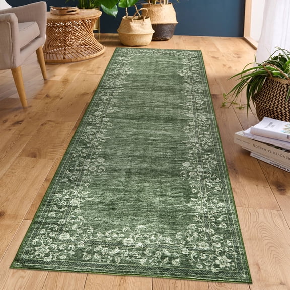 CAROMIO 2' x 6' Green Runner for Enterway Kitchen Geometric Border Floral Pattern Non-slip Indoor Mat
