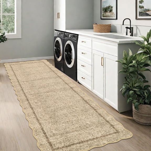 CAROMIO 2' x 6' Jute Color Scalloped Washable Neutral Runner Rug for Hallway Modern Solid Border Accent Indoor Carpet Non-Slip Home Decor