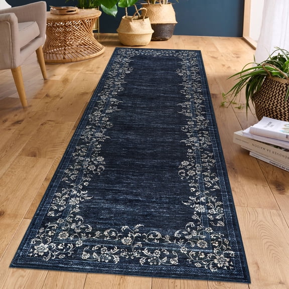 CAROMIO 2' x 6' Navy Runner for Enterway Kitchen Geometric Border Floral Pattern Non-slip Indoor Mat