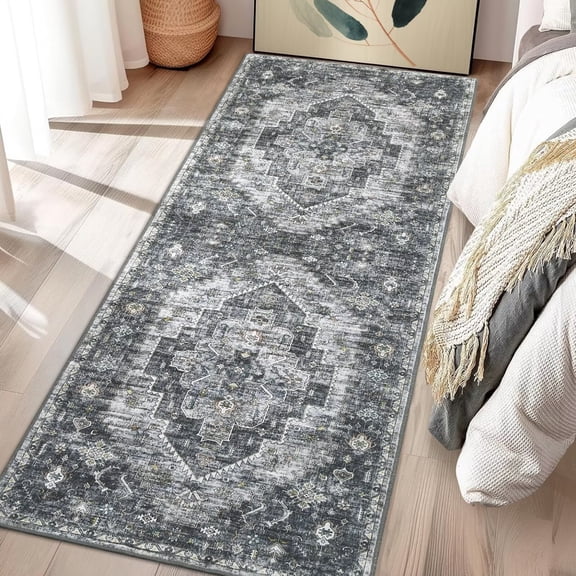 CAROMIO 2' x 6' Runner for Hallway Boho Vintage Rug Non Slip Throw Rugs Floral Bedroom Rug, Gray