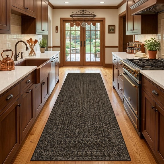 CAROMIO 2′ x 8′ Brown Washable Neutral Solid Braided‑Look Printed Runner Rug for Kitchen Indoor Throw Carpet Modern Non-Slip Foldable Floor Cover