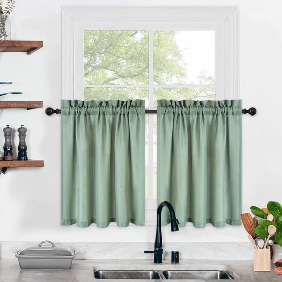 CAROMIO 30"W x 30"L Rod Pocket Energy Efficient Cafe Curtains Polyester Waffle Window Curtains, Sage Green, 2 Panels