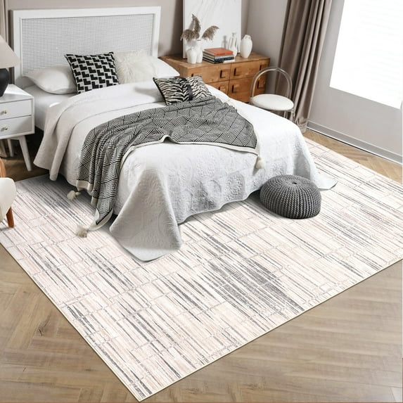 CAROMIO 4' x 6' Striped Geometric Living Room Area Rug Indoor Washable Rug Non-Slip Modern Abstract Dining Room Rug, Ivory/Beige