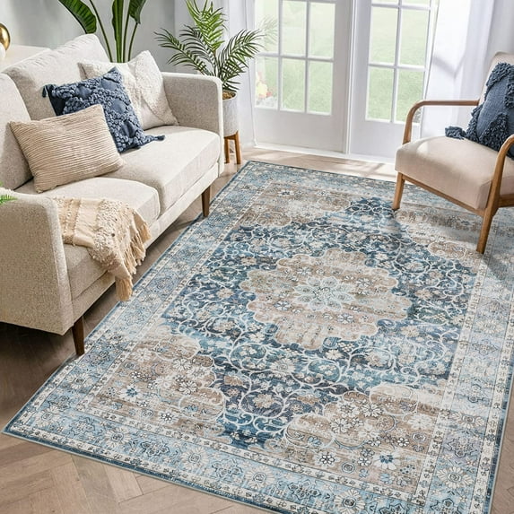 CAROMIO 5' x 7' Area Rug for Living Room Boho Vintage Rug Non Slip Throw Rugs Floral Bedroom Rug, Blue