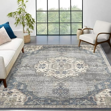 CAROMIO 5' x 7' Area Rug for Living Room Boho Vintage Rug Non Slip Throw Rugs Floral Bedroom Rug, Blue