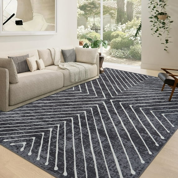 CAROMIO 5' x 7' Area Rug for Living Room Neutral Accent Rug Non Slip Indoor Striped Geometrical Bedroom Rug, Dark Gray