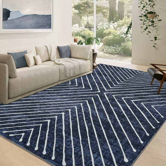 CAROMIO 5' x 7' Area Rug for Living Room Neutral Accent Rug Non Slip Indoor Striped Geometrical Bedroom Rug, Navy