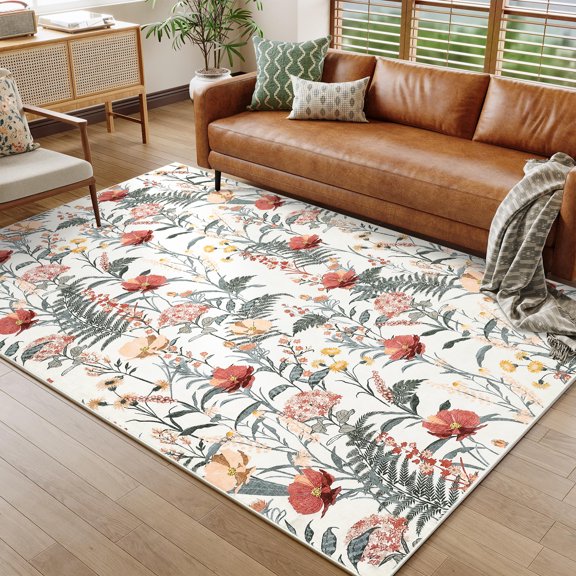 CAROMIO 5' x 7' Beige Area Rug for Living Room Leaf Floral Pattern Non-slip Indoor Carpet