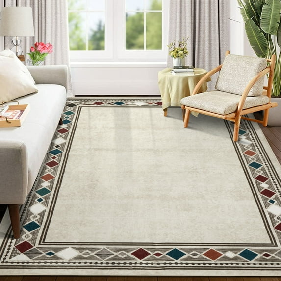 CAROMIO 5 x 7 Ft Washable Area Rug Modern Bordered Floorcover Indoor Carpet Contemporary Geometric Chic Border Area Rugs Accent Rug for Kitchen Living Room Bedroom, Beige