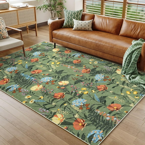 CAROMIO 5' x 7' Green Area Rug for Living Room Leaf Floral Pattern Non-slip Indoor Carpet