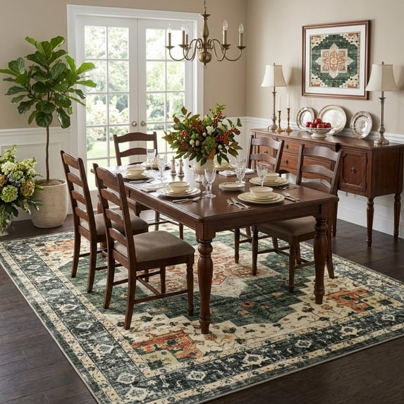 CAROMIO 5′ x 7′ Green Vintage Distressed Floral Area Rug for Living Room Bedroom Washable Non Slip Indoor Carpet Home Decor