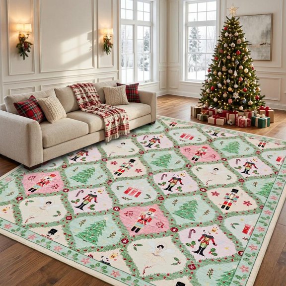 CAROMIO 5x7 Christmas Nutcracker Area Rug, Machine Washable Non-Slip Low Pile Toy Soldier Print Floor Carpet for Living Room, Bedroom, Family Room, Rice Color