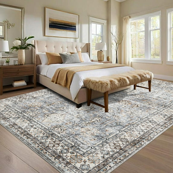 CAROMIO 8' x 10' Area Rug for Dining Room Boho Vintage Floral Bedroom Indoor Carpet, Blue