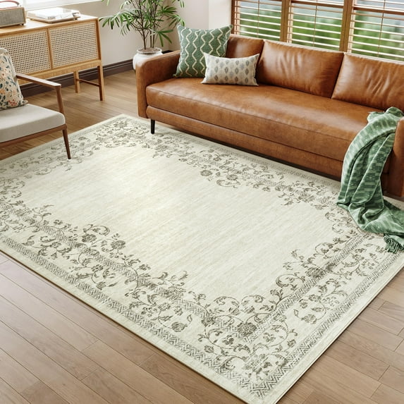 CAROMIO 8' x 10' Area Rug for Dining Room Border Vintage Floral Bedroom Indoor Carpet, Beige