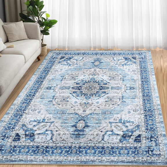 CAROMIO 8' x 10' Area Rug for Living Room Boho Vintage Floral Bedroom Rug, Blue