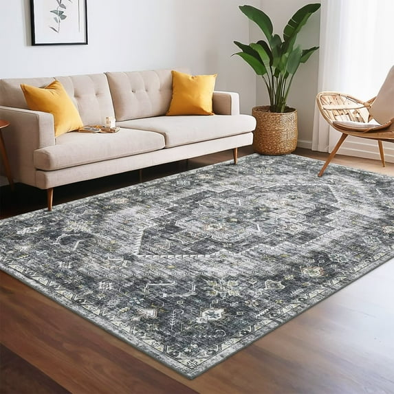CAROMIO 8' x 10' Area Rug for Living Room Boho Vintage Rug Non Slip Throw Rugs Floral Bedroom Rug, Gray