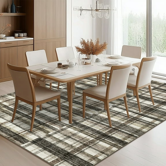 CAROMIO 8' x 10' Area Rug for Living Room Geometric Carpet Non Slip Throw Rug Plaid Pattern Bedroom Rug, Beige Brown