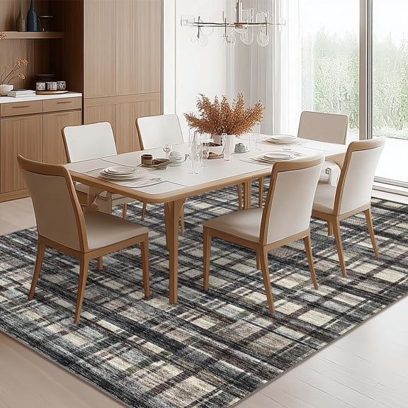 CAROMIO 8' x 10' Area Rug for Living Room Geometric Carpet Non Slip Throw Rug Plaid Pattern Bedroom Rug, Green Brown