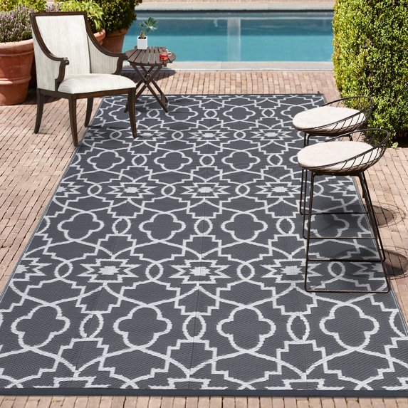 CAROMIO 8' x 10' Grey & White Outdoor Rug Plastic Straw Rug Bohemia Carpet Waterproof PP Tube Woven Portable Mat for RV, Patio Decor, Porch, Balcony, Picnic