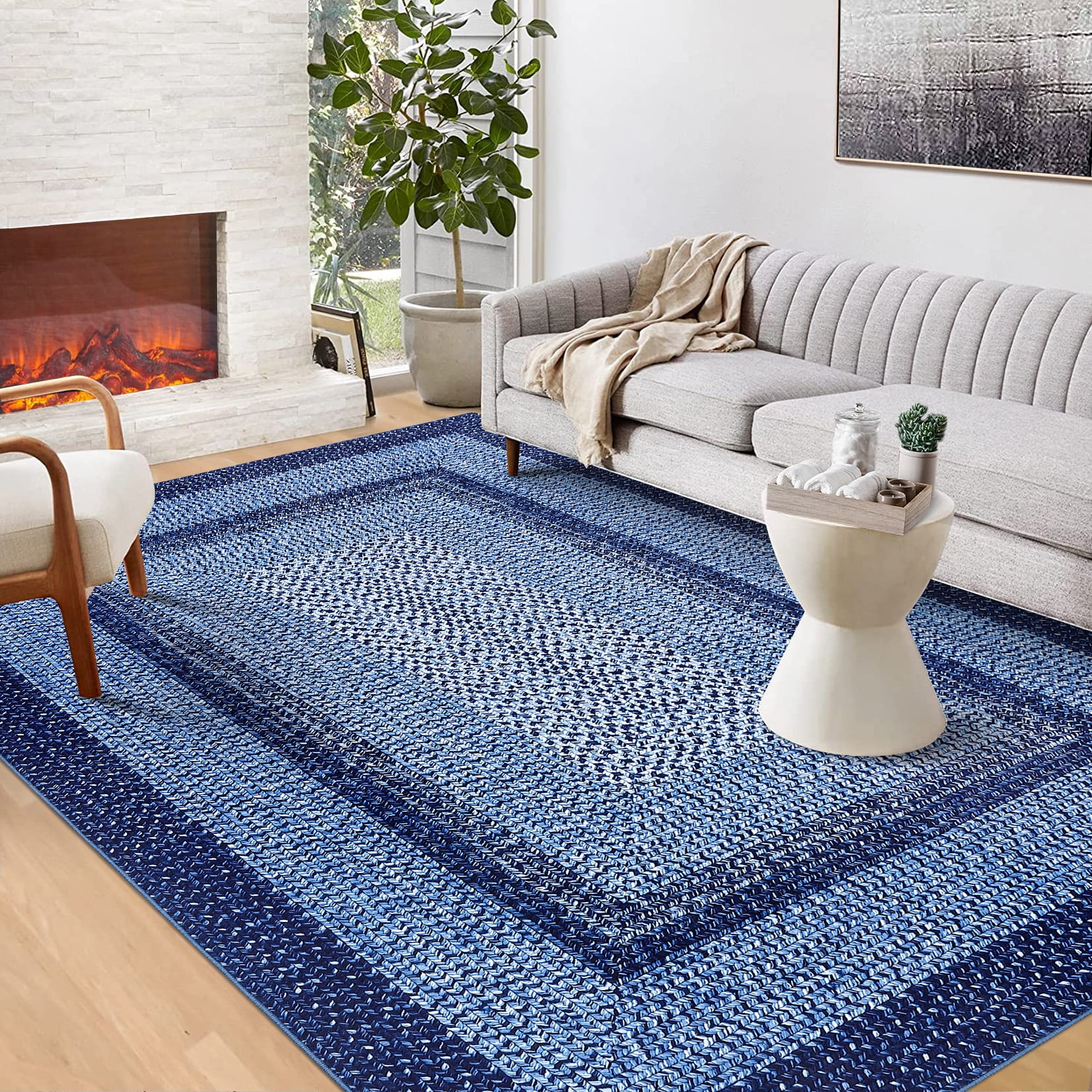 CAROMIO 8' x 10' Modern Rugs for Bedroom Imitation Braided Pattern Soft Geometric Living Room Carpet, Navy