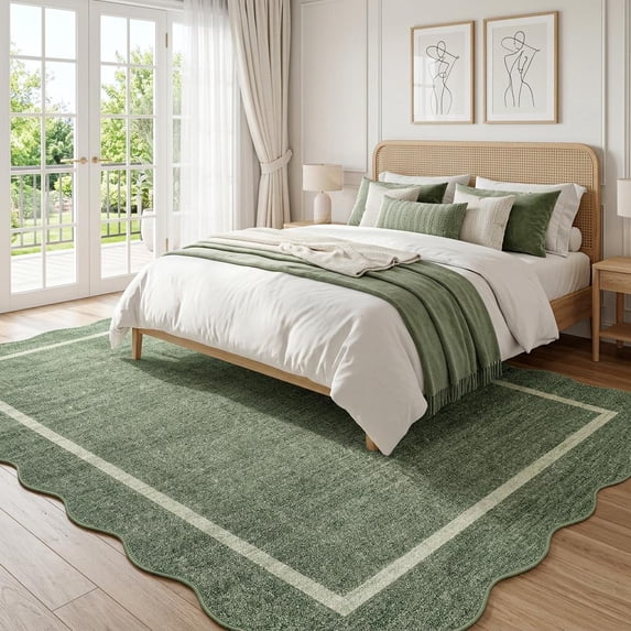 Sage Muted Rug CAROMIO 8' x 10' Sage Green Scalloped Washable Neutral Area Rug for ...