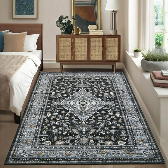 CAROMIO 9' x 12' Area Rug for Living Room Boho Vintage Rug Non Slip Throw Rugs Floral Bedroom Rug, Black