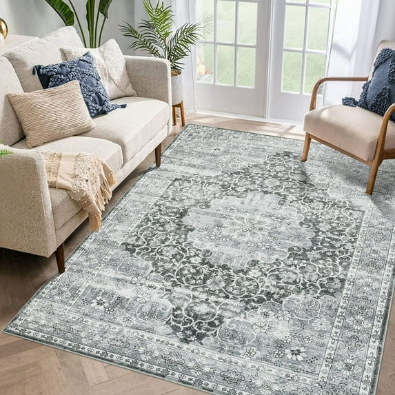 CAROMIO 9' x 12' Area Rug for Living Room Boho Vintage Rug Non Slip Throw Rugs Floral Bedroom Rug, Gray
