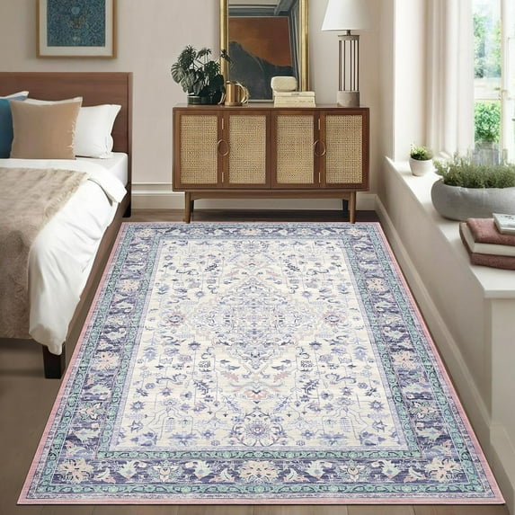 CAROMIO 9' x 12' Area Rug for Living Room Boho Vintage Rug Non Slip Throw Rugs Floral Bedroom Rug, Purple
