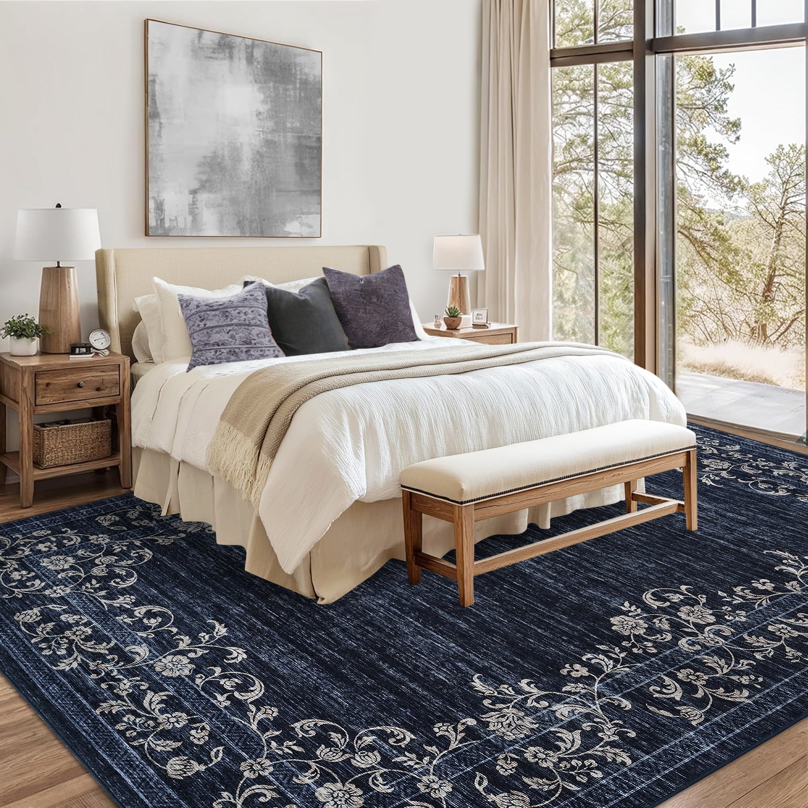 CAROMIO 9' x 12' Area Rug for Living Room Border Vintage Rug Non Slip Navy Indoor Rug