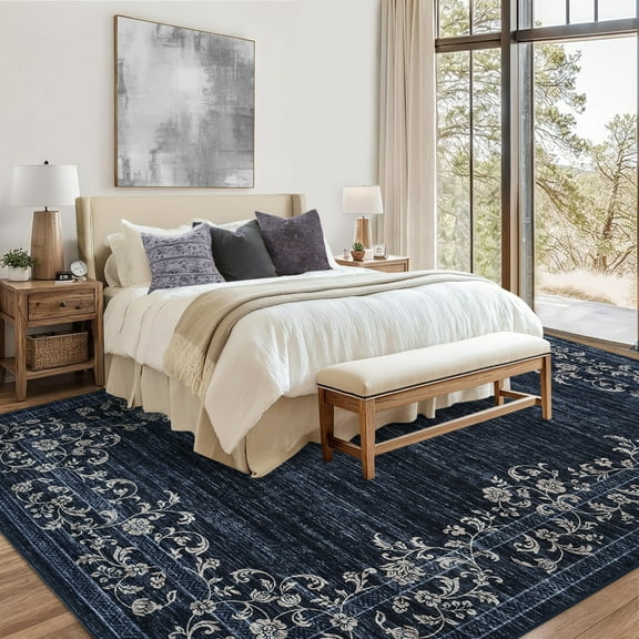 CAROMIO 9' x 12' Area Rug for Living Room Border Vintage Rug Non Slip Navy Indoor Rug