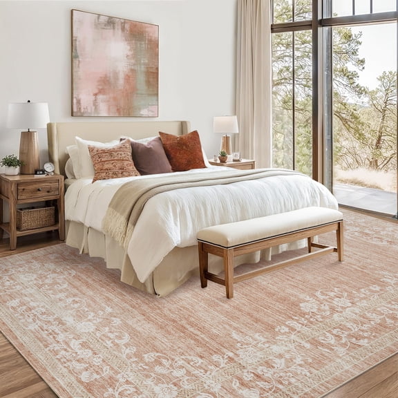 CAROMIO 9' x 12' Area Rug for Living Room Border Vintage Rug Non Slip Pink Indoor Rug