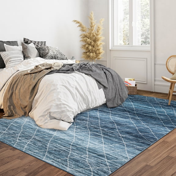 CAROMIO 9' x 12' Area Rug for Living Room Ombre Vintage Rug Non Slip Throw Rugs Geometrical Line Print Bedroom Rug, Blue