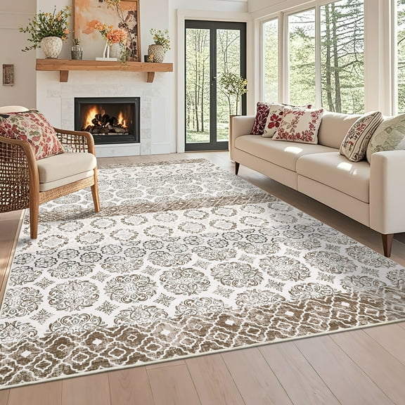 CAROMIO 9' x 12' Beige Area Rug for Living Room Floral Damask Pattern Non-slip Polyester Indoor Room Decor Rug