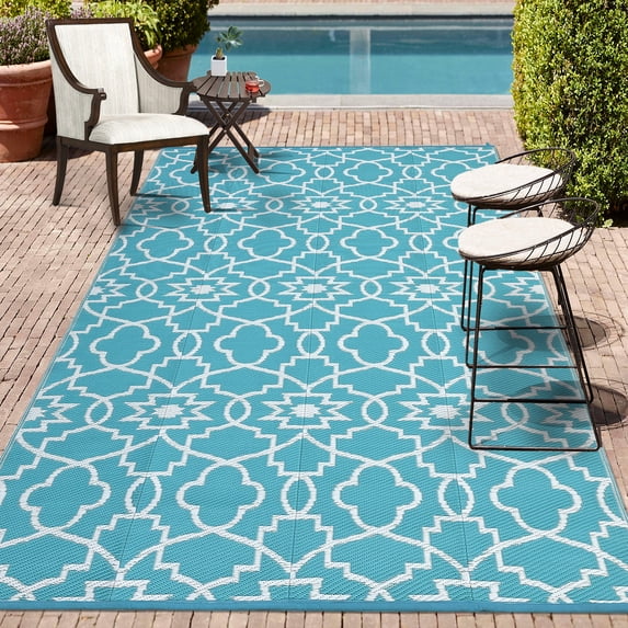 CAROMIO 9' x 12' Blue & White Outdoor Rug Plastic Straw Rug Bohemia Carpet Waterproof PP Tube Woven Portable Mat for RV, Patio Decor, Porch, Balcony, Picnic