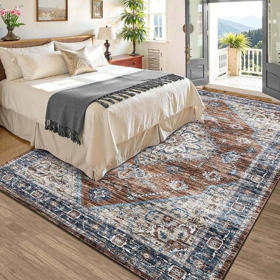 CAROMIO 9'x 12' Floral Washable Area Rug for Living Room, Stain Resistant Carpet for Office,Red