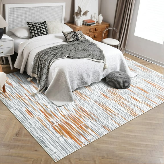CAROMIO 9' x 12' Striped Geometric Living Room Area Rug Indoor Washable Rug Non-Slip Modern Abstract Dining Room Rug, Gray/Orange