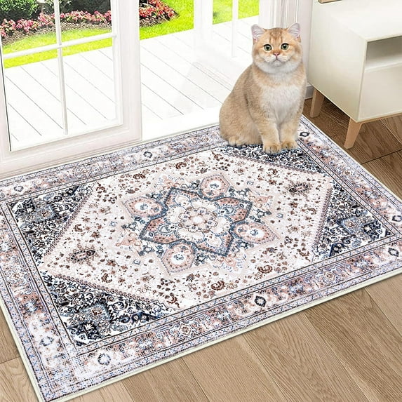 CAROMIO Area Rug 2 x 3 Floral Rug Medallion Rug Non-Slip Washable Low-Pile Doormat Small Indoor Accent Throw Rug for Kitchen Mat Bedroom Entryway, Pink/Brown