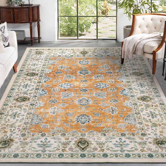 CAROMIO Area Rug 8 x 10 Vintage Persian Rug Floral Rug Boho Rug Retro Distressed Rug Non Slip Floor Cover Indoor Thin Rug Foldable Mat Retro Accent Rug Living Room Bedroom, Turmeric