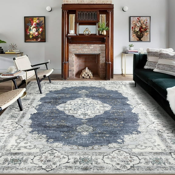 CAROMIO Area Rug 8' x 10' Vintage Washable Rug Oriental Floral Rug for Dining Room Dorm, Blue