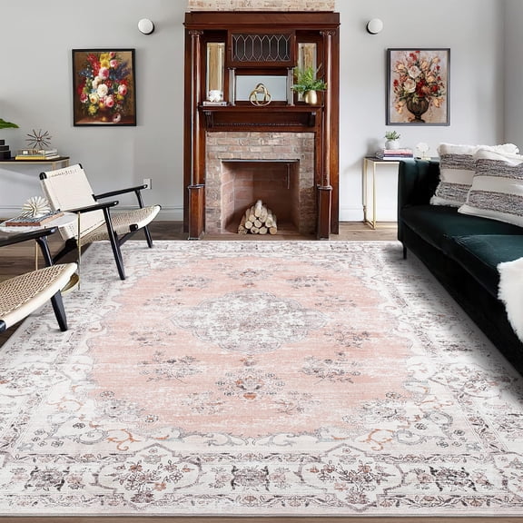 CAROMIO Area Rug 8' x 10' Vintage Washable Rug Oriental Floral Rug for Dining Room Dorm, Pink