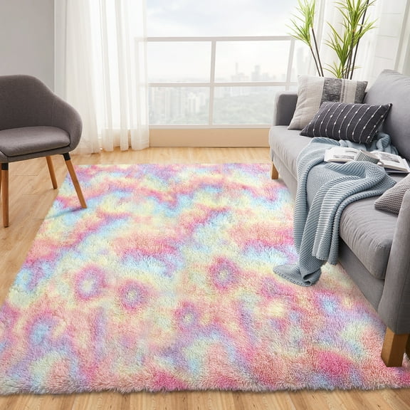 CAROMIO Area Rug 9 x 12 Soft Fluffy Area Rug Rainbow Plush Shag Rugs Fuzzy Shaggy Accent Carpets for Kids Room Nursery Non-Skid Modern Tie-Dyed Rugs